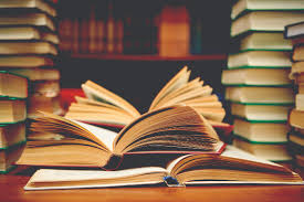 Books on a table in a library