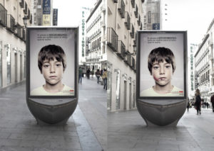 This poster has the phrase "Sometimes child abuse is only visible to the child who suffers" in Spanish. This poster is a new form of technology which shows a normal young boy at first but is then switched into a young boy with a bloody lip and bruised jaw. 